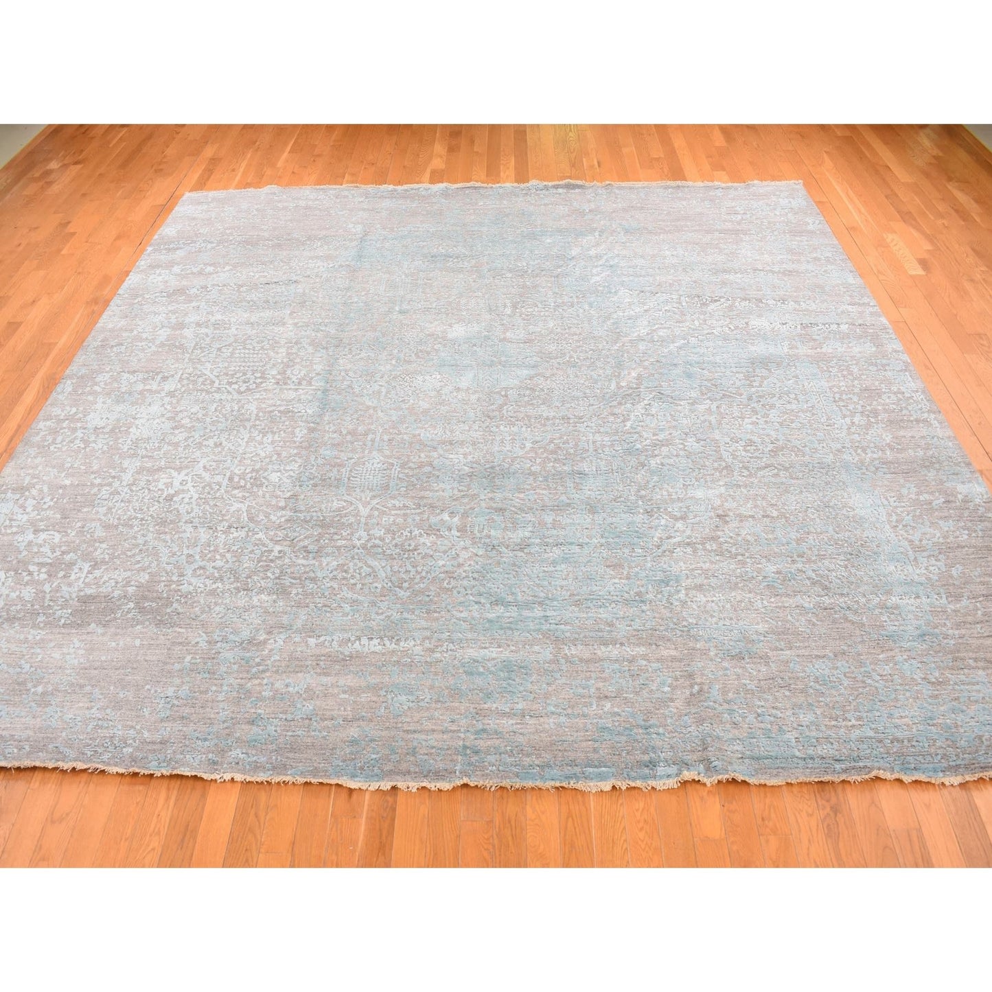 11'8"X11'8" Green Hand Knotted Zoroastrian Design Square Wool, Silk Rug