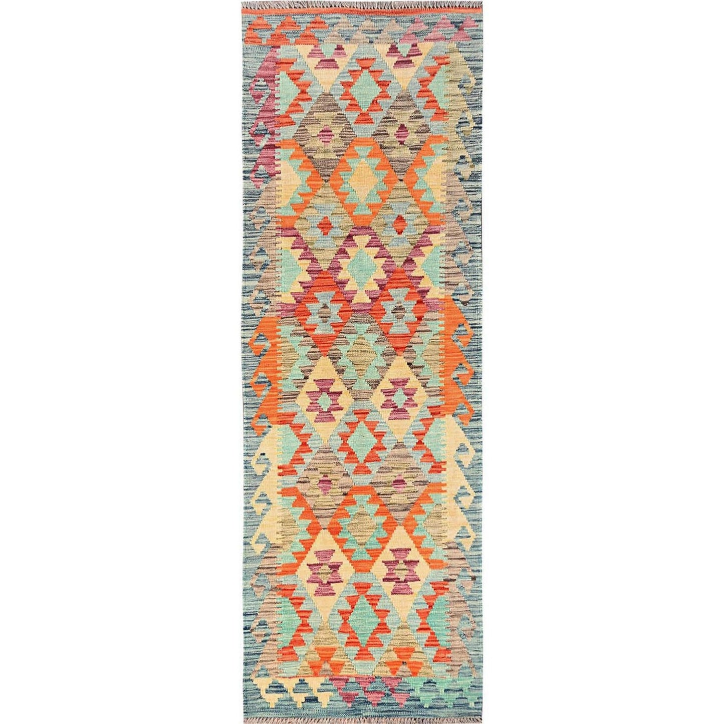 2'7"X7'10" Colorful Afghan Kilim 100% Wool Rug Flat Weave Hand Woven Runner