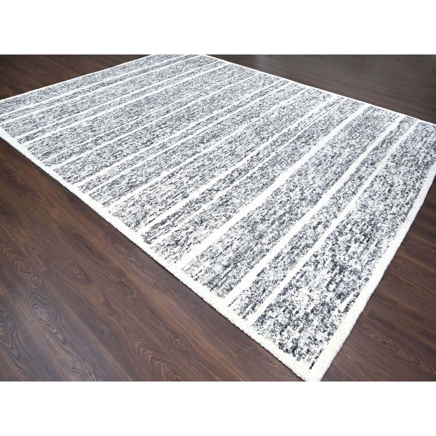 10'3"X14'1" Black And Ivory Modern Striae Design Wool Hand Knotted Rug