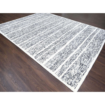 10'3"X14'1" Black And Ivory Modern Striae Design Wool Hand Knotted Rug