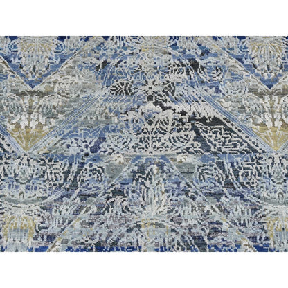 2'7"X8'3" Blue Broken And Erased Silk With Wool Hand Knotted Runner Rug