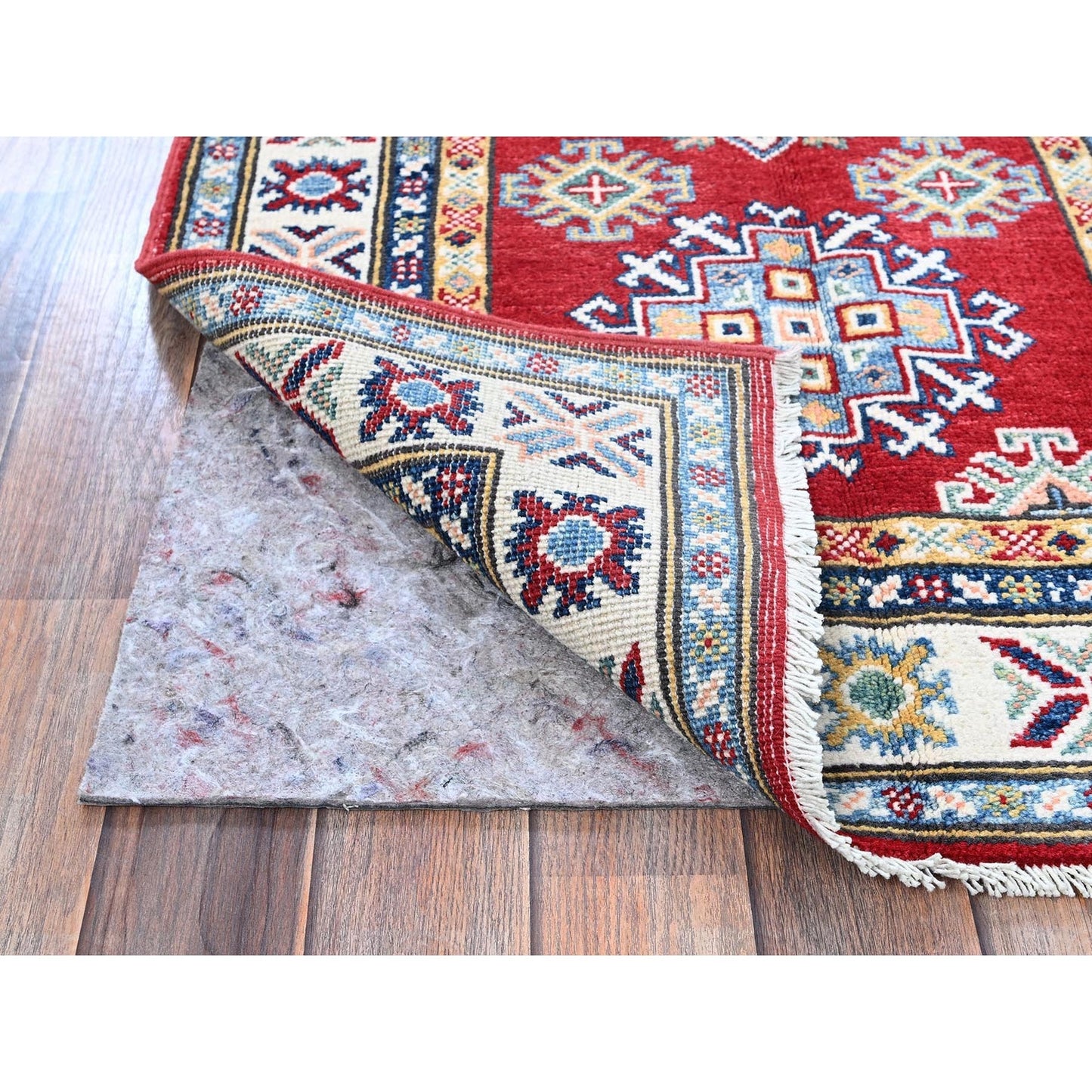 2'8"X9'6" Red Kazak With Geometric Design Hand Knotted Soft Wool Runner Rug