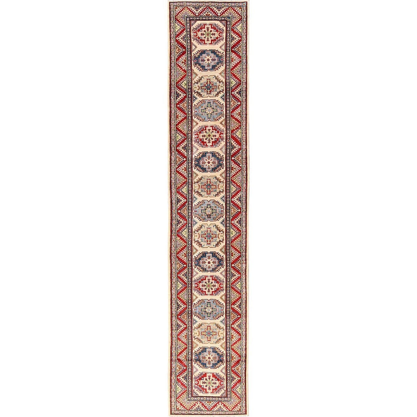 2'9"X15'5" Ivory Hand Knotted Rug Wool Kazak With Geometric Design Runner