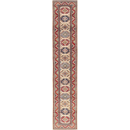 2'9"X15'5" Ivory Hand Knotted Rug Wool Kazak With Geometric Design Runner