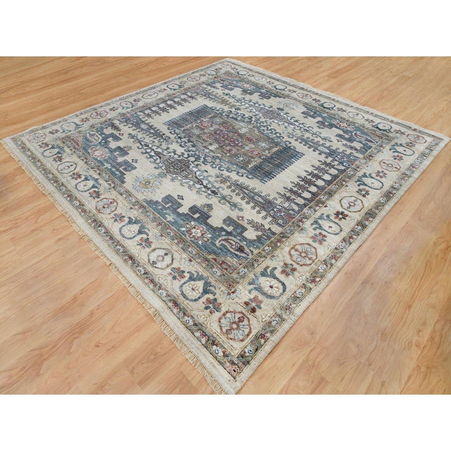 9'8"X10' Winter White Hand Knotted Viss Design Wool Square Oriental Rug