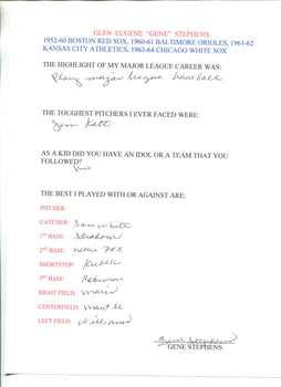 Gene Stephens Autographed Hand Filled Out Survey