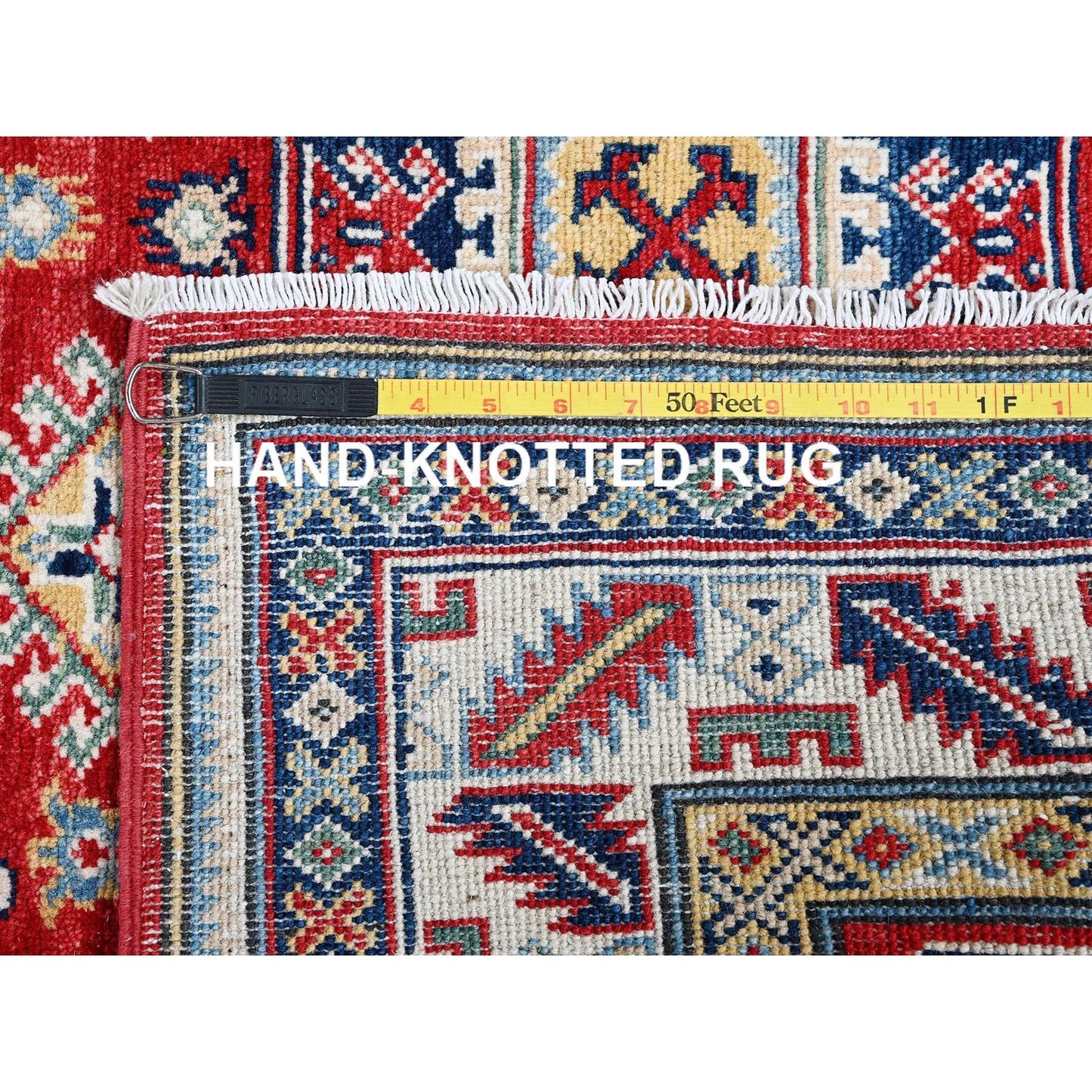 4'1"X5'6" Red Kazak With Geometric Medallions Design Wool Hand Knotted Rug