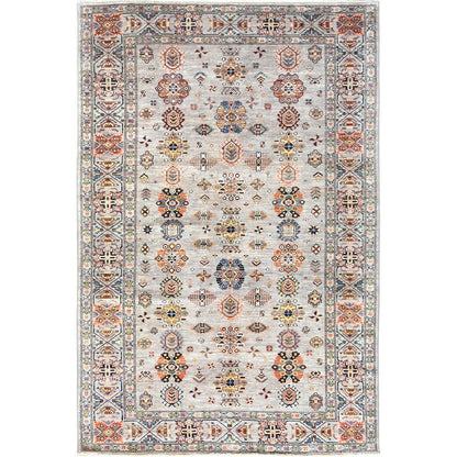 6'1"X9'1" Light Gray Hand Knotted Afghan Super Kazak Organic Wool Rug
