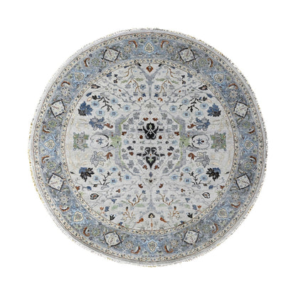 10'X10' Whirlwind Gray Wool Hand Knotted Floral Motifs Oushak Round Rug
