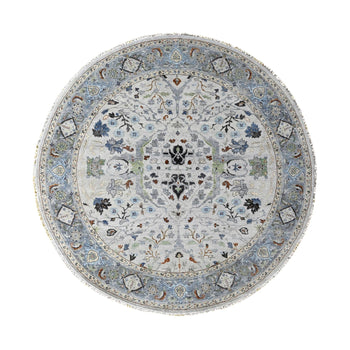 10'X10' Whirlwind Gray Wool Hand Knotted Floral Motifs Oushak Round Rug