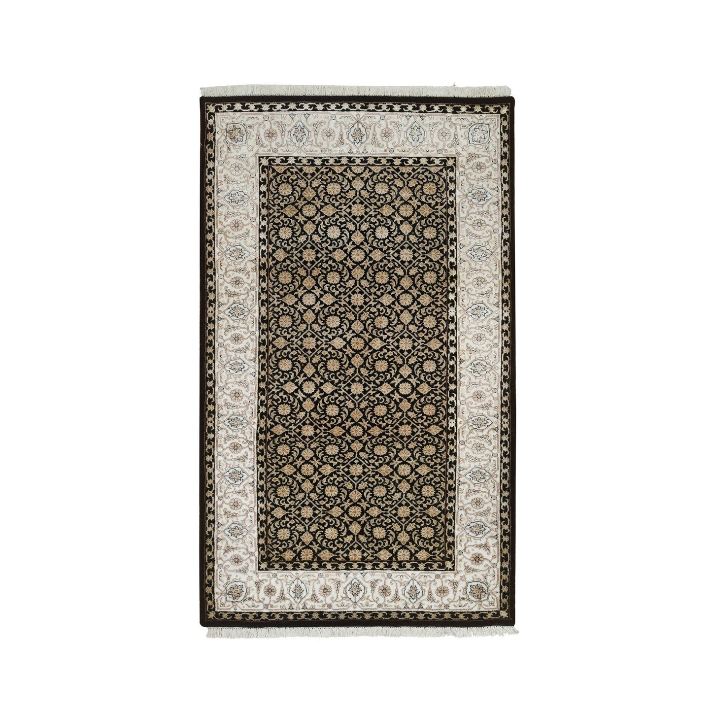 3'1"X5'5" Black 250 Kpsi Organic Wool Hand Knotted Herrita Design Rug