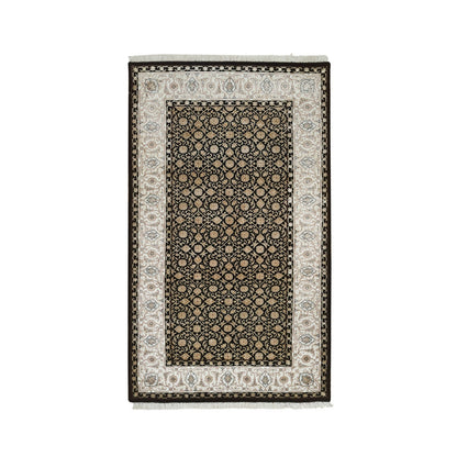 3'1"X5'5" Black 250 Kpsi Organic Wool Hand Knotted Herrita Design Rug