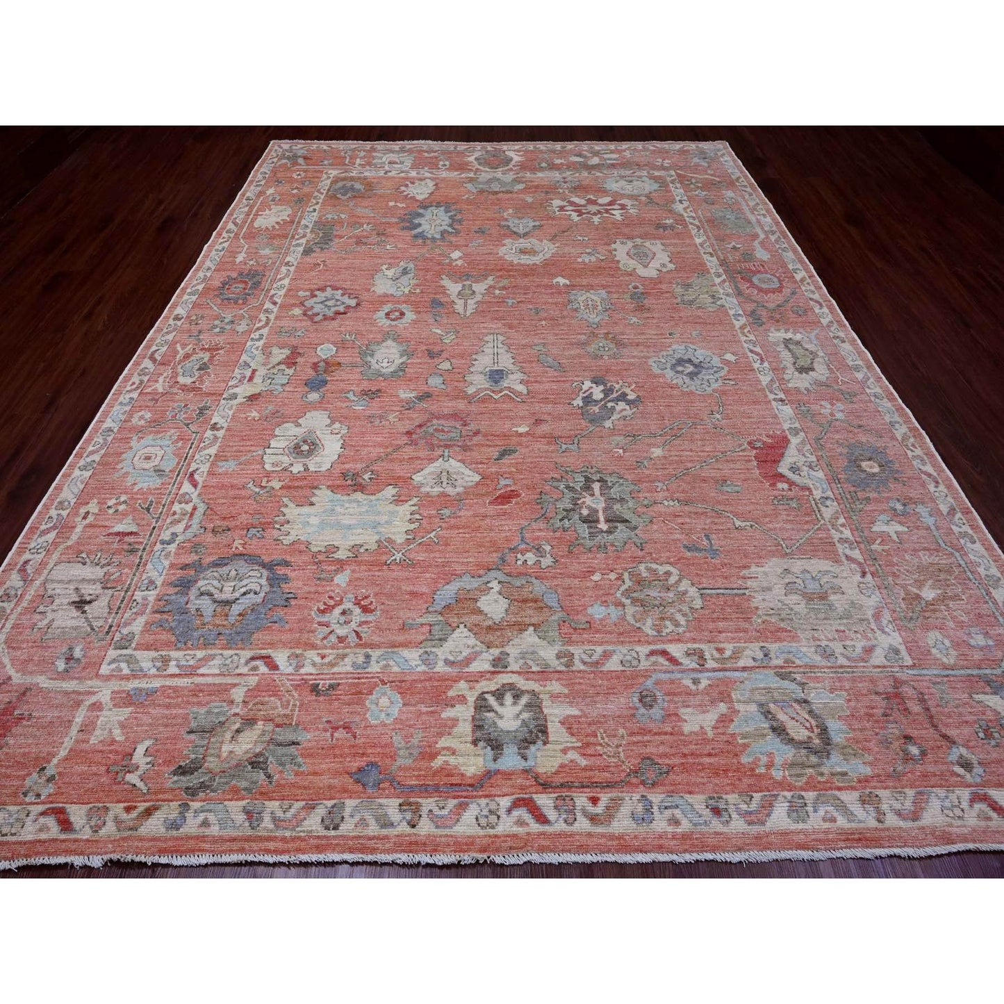 9'X11'9" Red All Wool Afghan Angora Oushak Floral Design Hand Knotted Rug