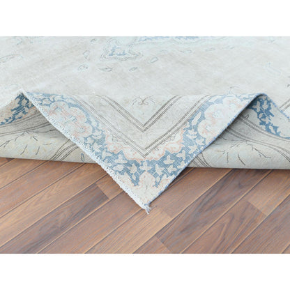 8'3"X11'1" Hand Knotted Ivory Vintage Farsian Karman Worn Wool Rug