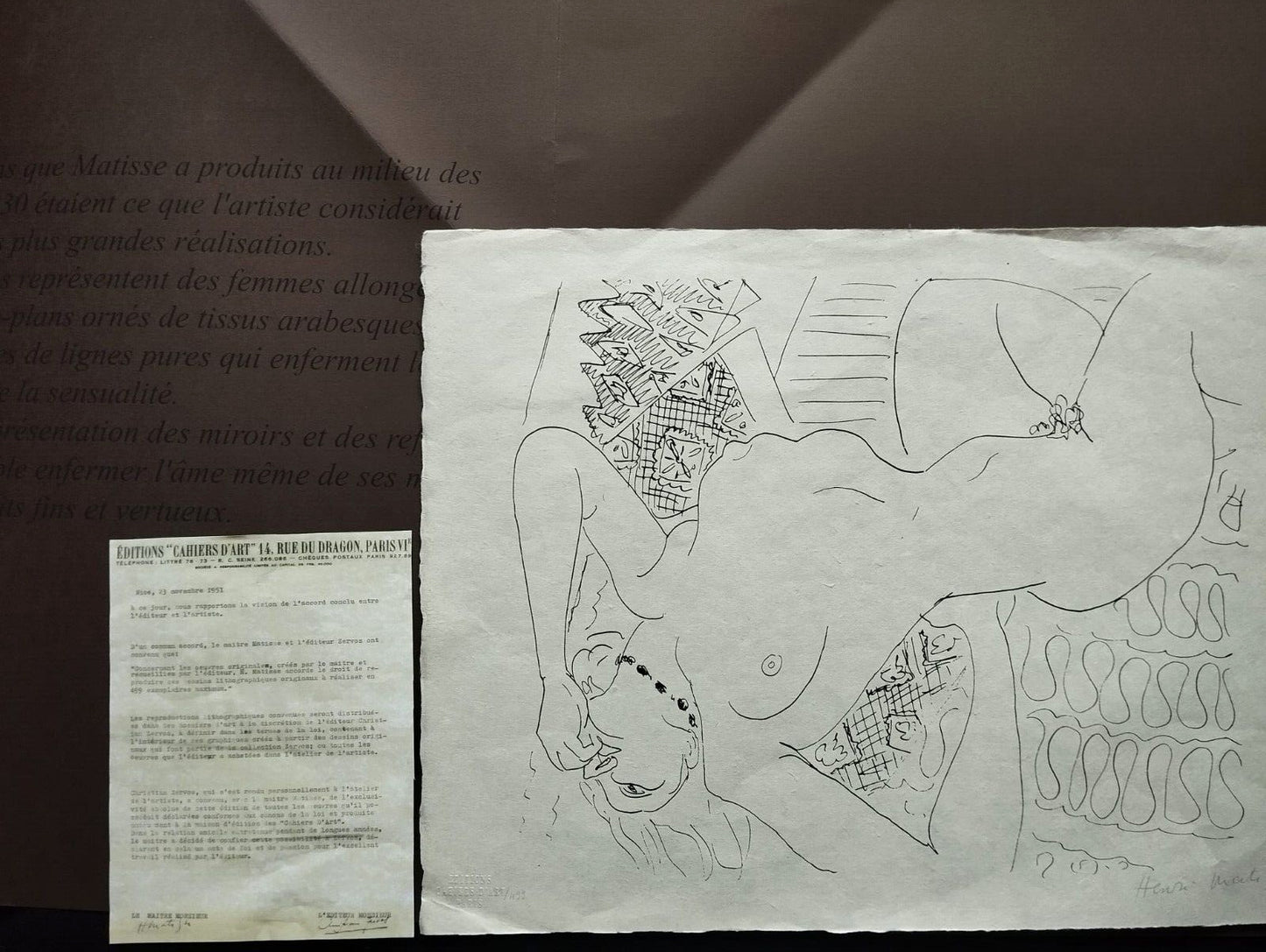 Henri Matisse Lithograph Coa Contract Signed By Hand Numbered In Pencil Crayon
