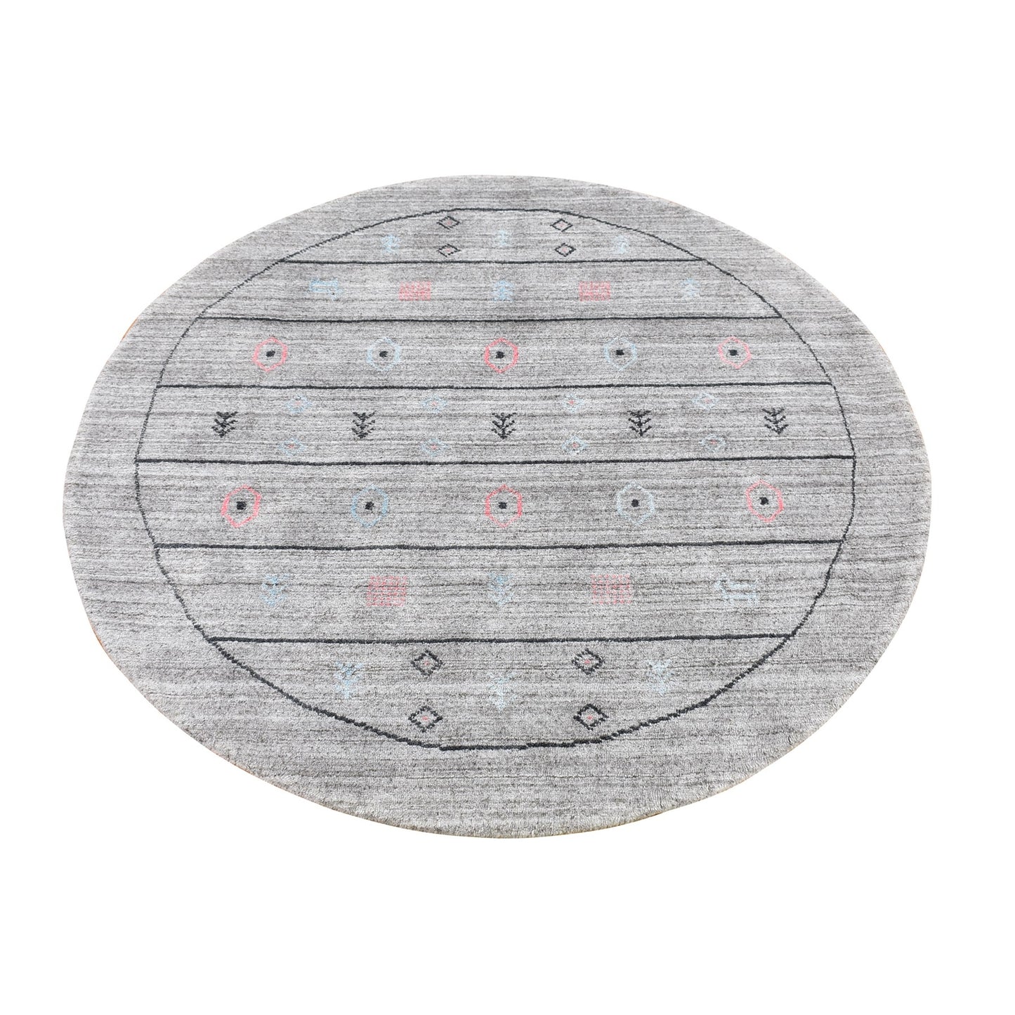 4'1"X4'1" Gray Wool And Silk Hand Loomed Gabbeh Round Oriental Rug