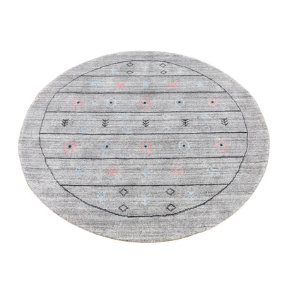 4'1"X4'1" Gray Wool And Silk Hand Loomed Gabbeh Round Oriental Rug