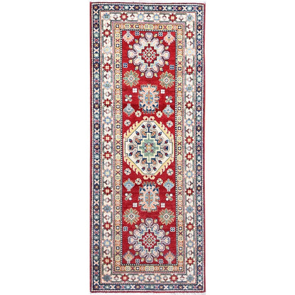 2'9"X6'10" Red Hand Knotted Wool Denser Weave Kazak Runner Oriental Rug