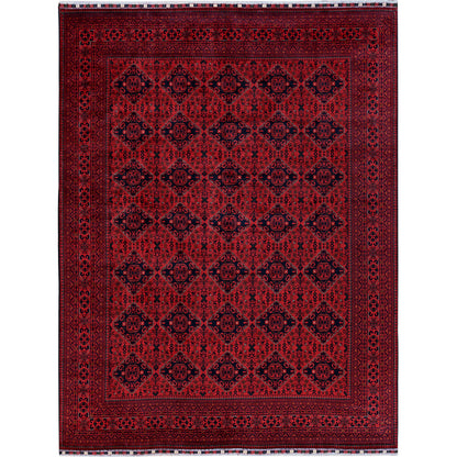 9'9"X12'8" Red Afghan Khamyab Geometric Pattern Hand Knotted Soft Wool Rug