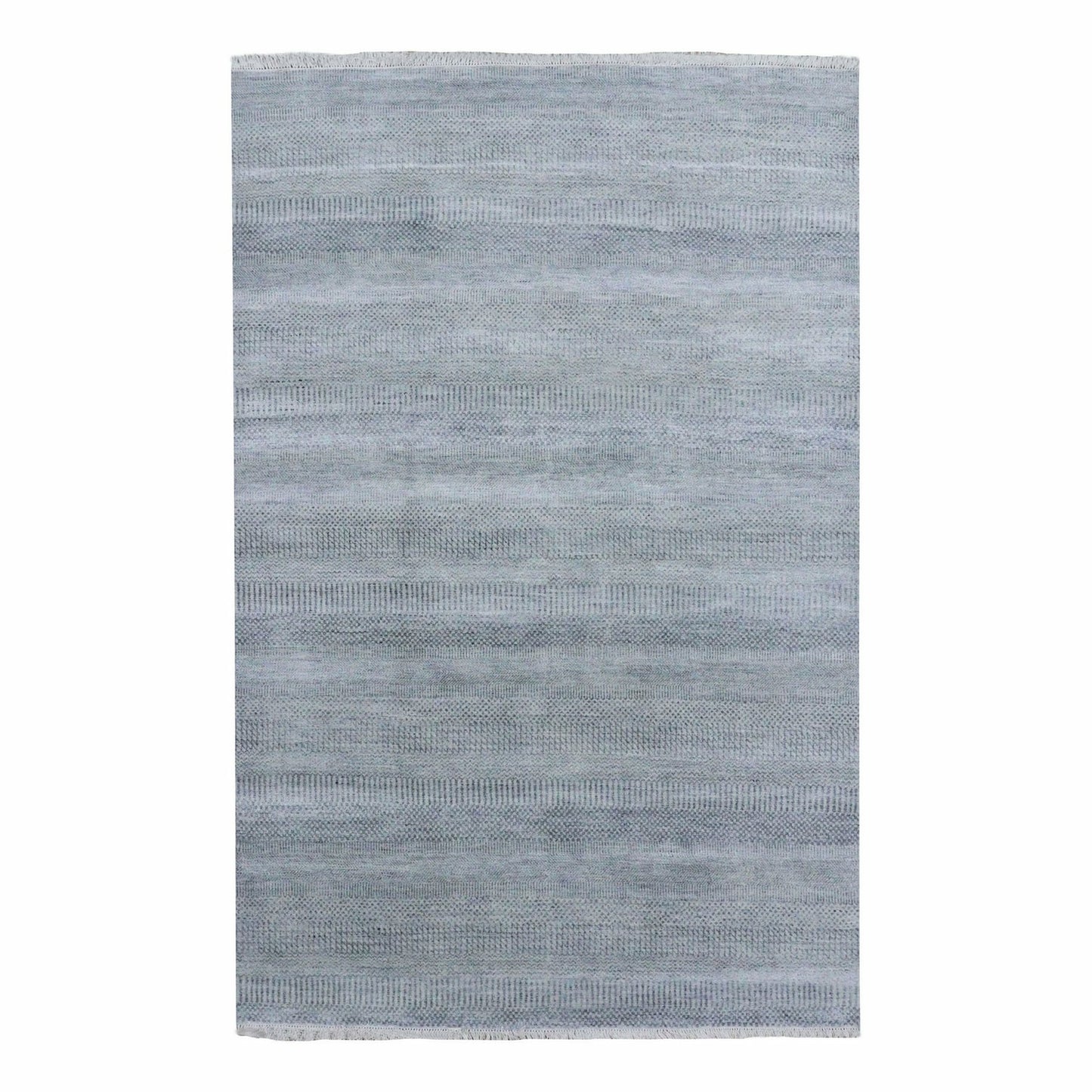 6'X9'2" Gray Modern Grass Design Gabbeh Wool And Silk Hand Knotted Rug