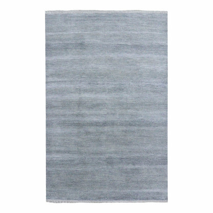 6'X9'2" Gray Modern Grass Design Gabbeh Wool And Silk Hand Knotted Rug