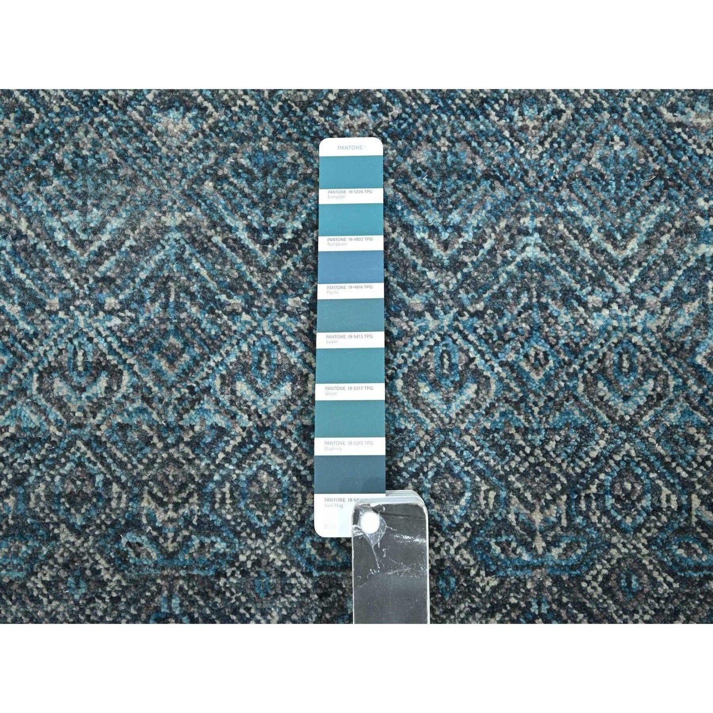 2'6"X7'8" Blue Hand Knotted Small Geometric Design Soft Wool Runner Rug