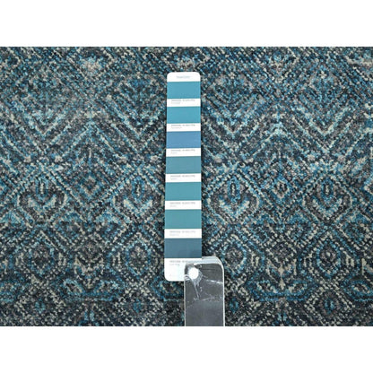 2'6"X7'8" Blue Hand Knotted Small Geometric Design Soft Wool Runner Rug