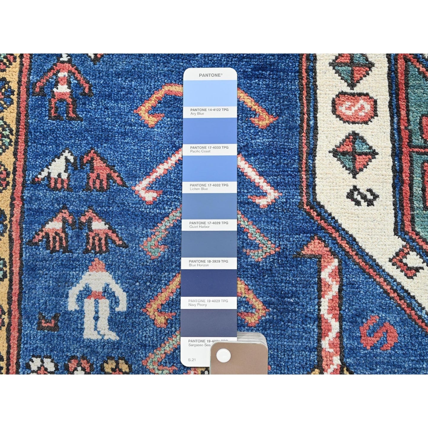 5'2"X7' Blue Swan Kazak With Animal Figurines Hand Knotted Soft Wool Rug