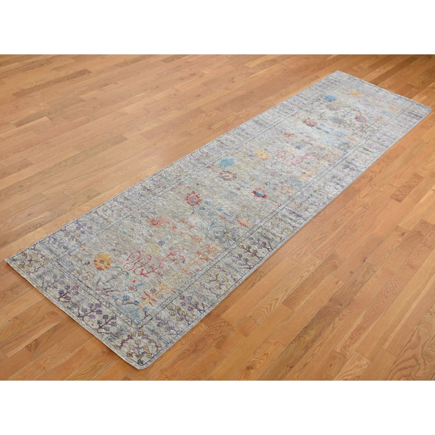 3'1"X12' Brown Silk With Wool Vase Design Hand Knotted Runner Rug