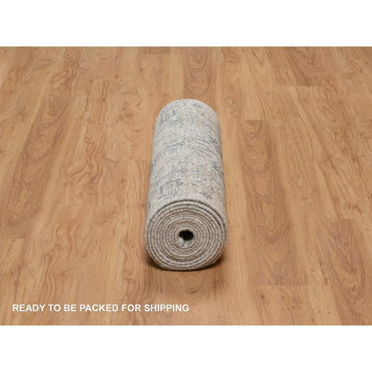 2'7'X15'9" White Hand Knotted Sickle Leaf Design Silk & Wool Runner Rug