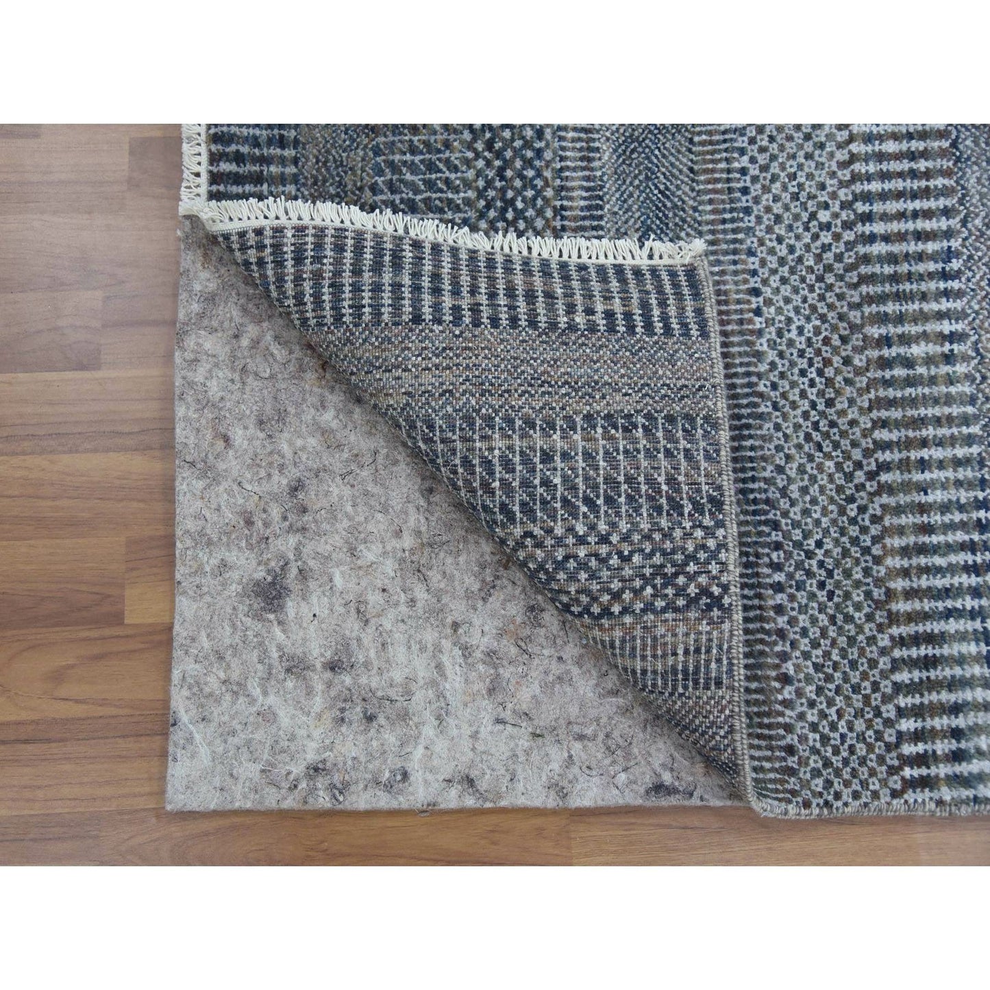 2'7"X14' Gray Wool And Silk Hand Knotted Modern Grass Design Runner Rug