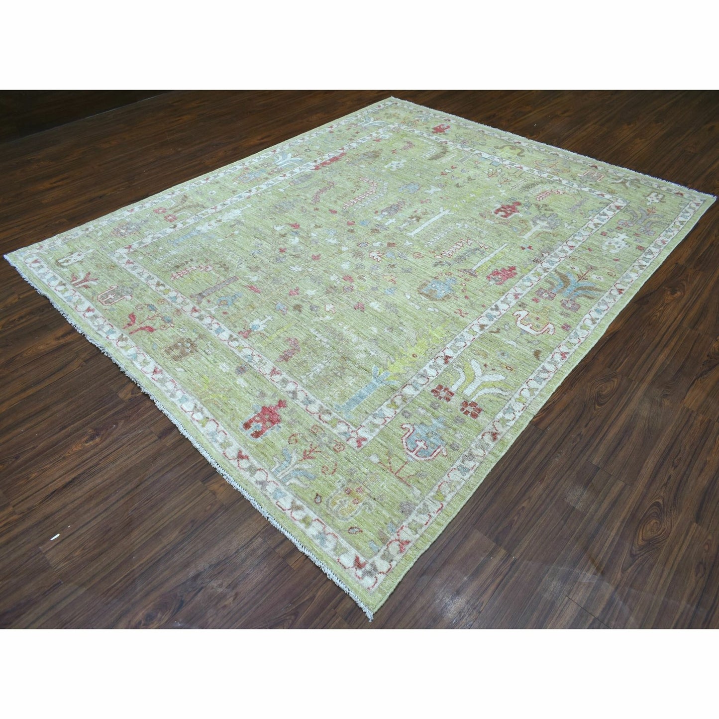 8'X9'9" Lime Green Afghan Angora Ushak Natural Wool Hand Knotted Rug