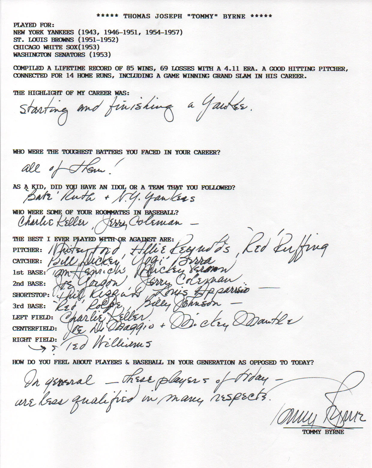 Tommy Byrne Autographed Hand Filled Out Survey Page (Jsa)