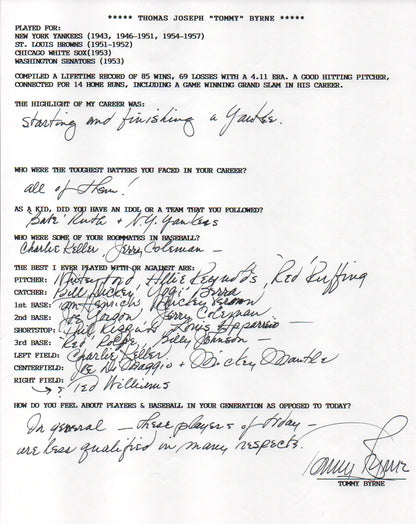 Tommy Byrne Autographed Hand Filled Out Survey Page (Jsa)