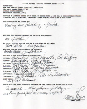 Tommy Byrne Autographed Hand Filled Out Survey Page (Jsa)