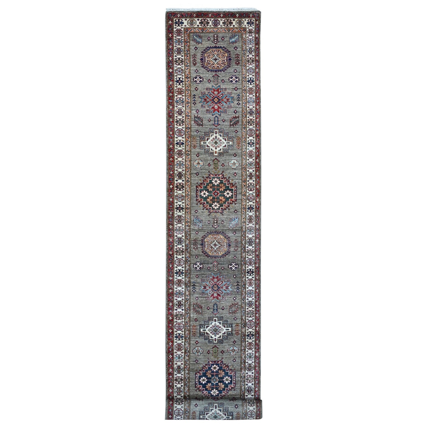 2'8"X20'10" Battleship Gray Hand Knotted Super Kazak Wool Xl Runner Rug