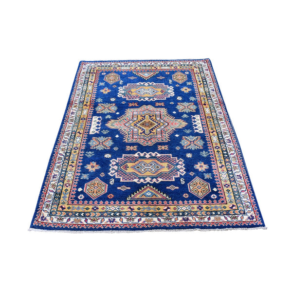 3'9"X5'9" Geometric Design Wool Super Kazak Denim Blue Hand Knotted Rug