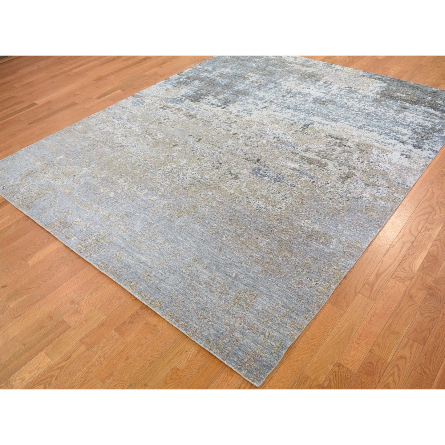 8'X9'10" Gray Abstract Design Wool And Silk Hand Knotted Oriental Rug