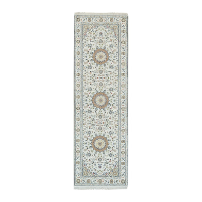 2'6"X8'2" White Hand Knotted Nain Design 250 Kpsi Organic Wool Runner Rug