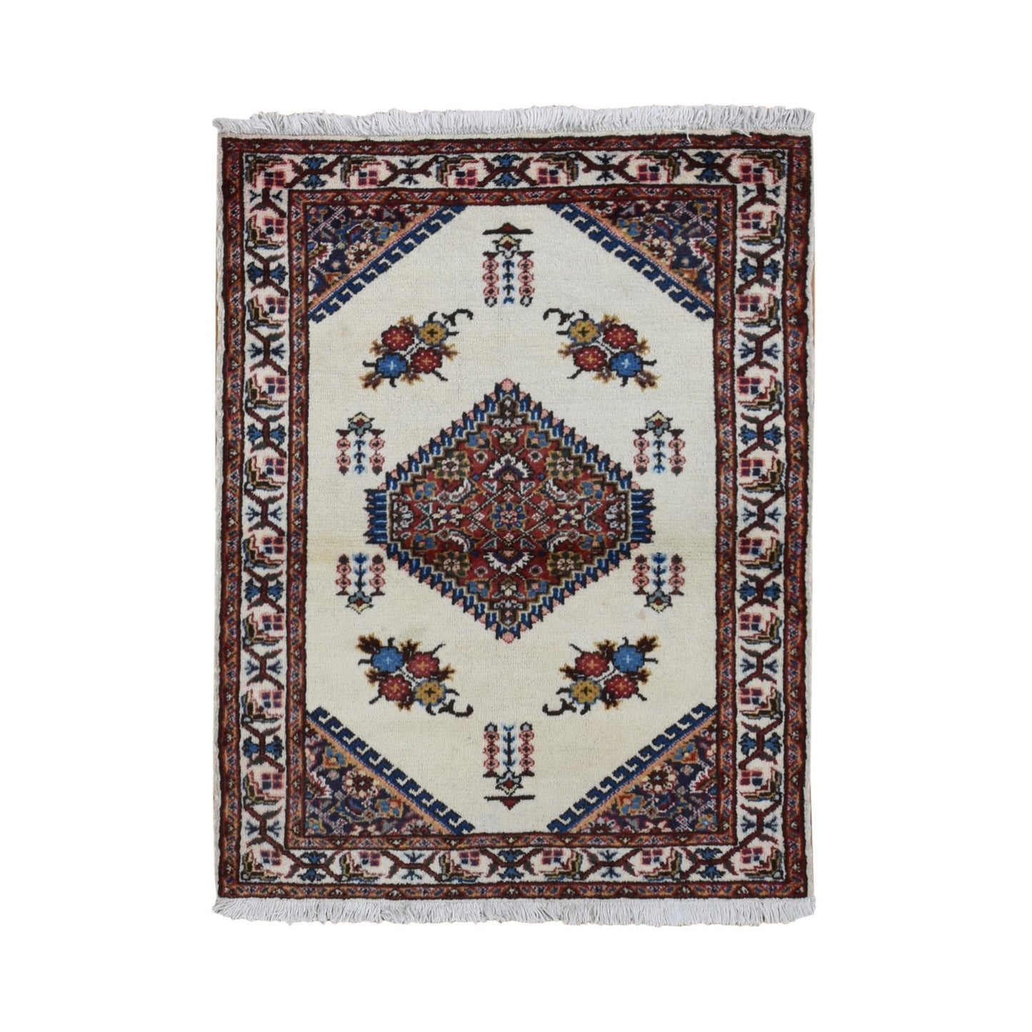 3'3"X4'3" Ivory New Bohemian Karabakjoon Pure Wool Hand Knotted Rug