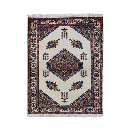 3'3"X4'3" Ivory New Bohemian Karabakjoon Pure Wool Hand Knotted Rug