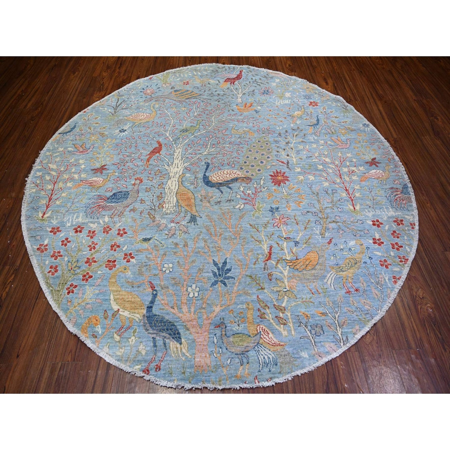 8'3"X8'3" Blue Afghan Peshawar Organic Wool Hand Knotted Round Rug