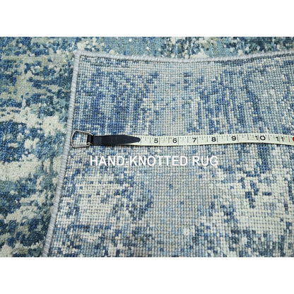 2'1"X3' Blue Abstract Design Pure Silk And Wool Hand Knotted Mat Rug