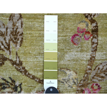 1'10"X3' Green Sparrows On The Tree Pure Wool Hand Knotted Sample Rug