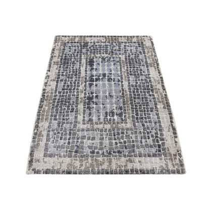 2'3"X3'2" Gray Silken Roman Mosaic Design Hand Knotted Sample Rug