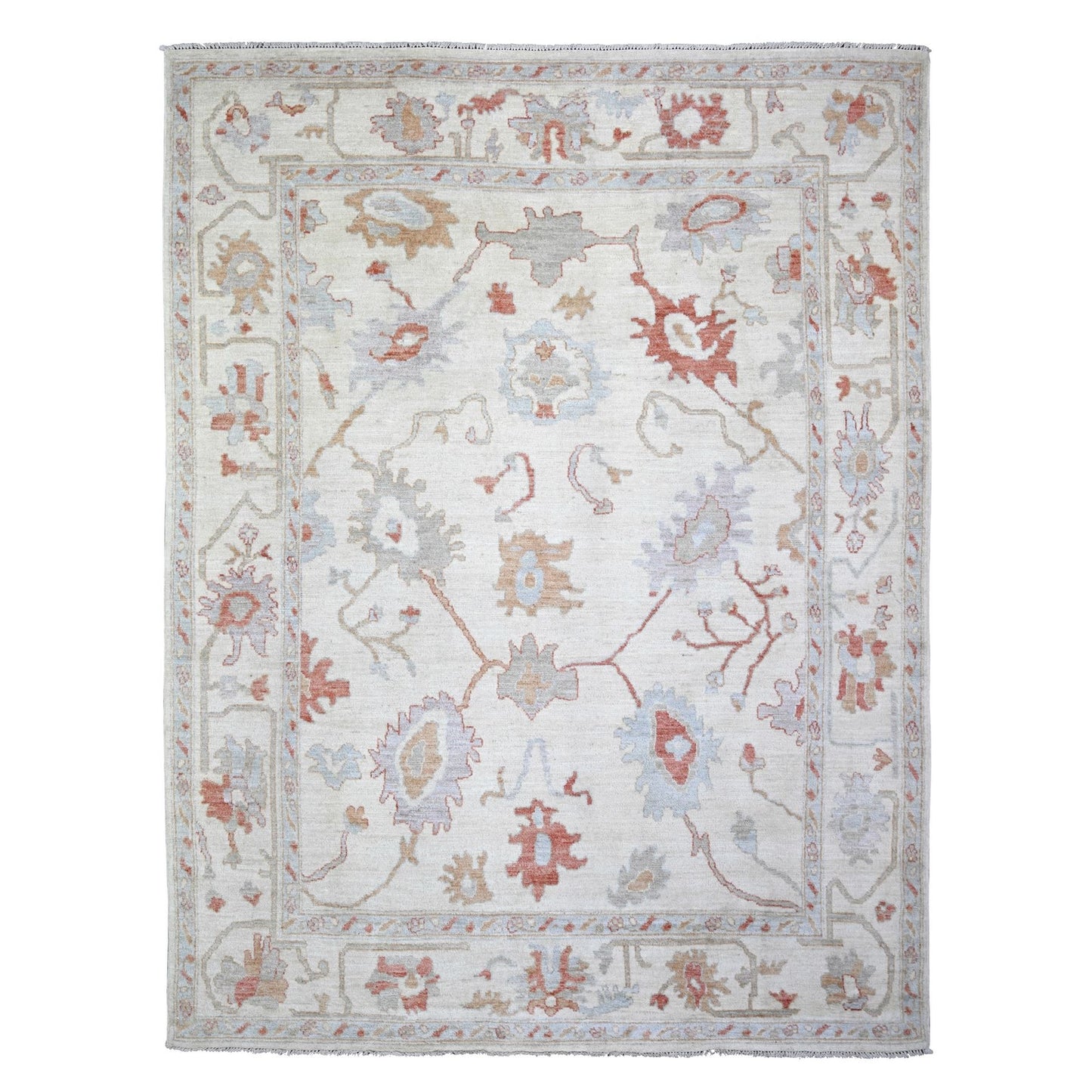 7'8"X10'2" Ivory, Hand Knotted Afghan Angora Oushak, Pure Wool, Rug