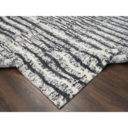 9'1"X11'8" Black And Ivory Modern Design Organic Wool Hand Knotted Rug