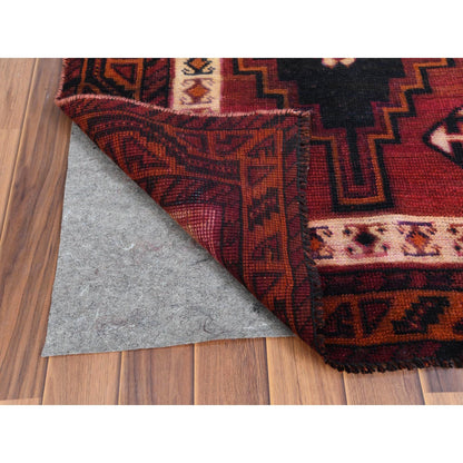 4'9"X10'5" Hand Knotted Red Farsian Qashqairaz Worn Vintage Runner Rug