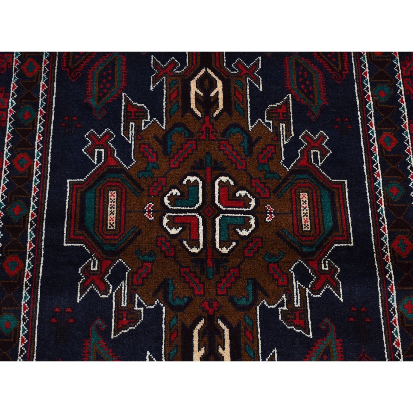 3'10"X6'9" Yankees Blue Afghan Balooch Design Pure Wool Hand Knotted Rug