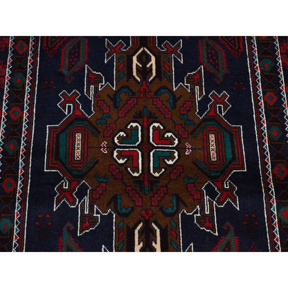 3'10"X6'9" Yankees Blue Afghan Balooch Design Pure Wool Hand Knotted Rug